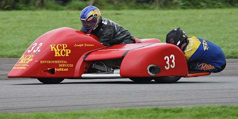 Image linking to the Paul Lumley - #33 page for details of  and the  on offer there: Paul races F2 sidecar outfit number 33 in the Bemsee (British Motorcycle Racing Club) championship.