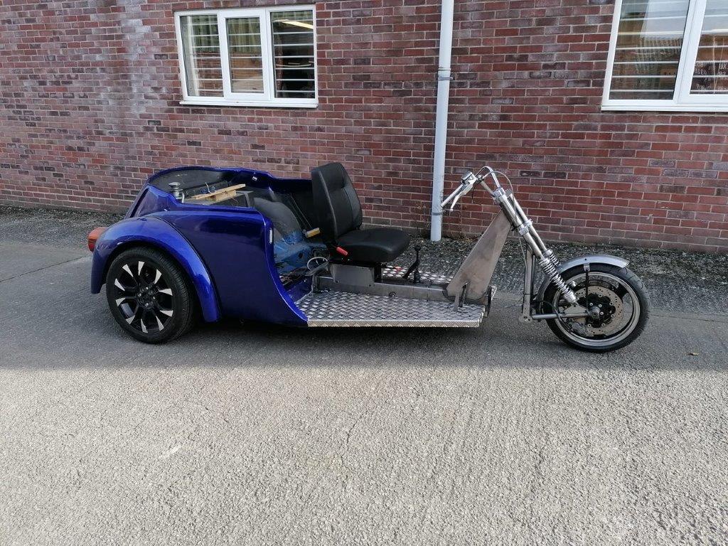 Image linking to the Volkswagen Trike Steering Upgrade page for details of  and the  on offer there: The handling of this customer's vw trike was transformed by the  remaking of the front end with leading link forks